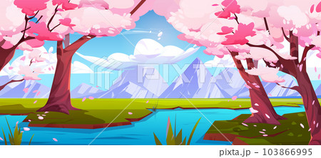 Riverside sakura garden on mountain background 103866995