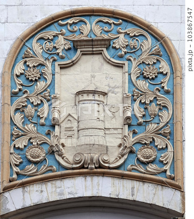 Kiev, Ukraine January 24, 2020: Architectural decorations of buildings in the complex of the exhibition of the achievement of the national economy in Kiev Kiev, Ukraine January 24, 2020: Architectural decorations of buildings in the complex of the exhibition of the achievement of the national economy in Kiev 103867547