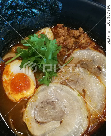 Japanese Noodles with Pork Close up View. 103867596