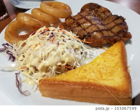 Chicken Steak Vegetable Salad Fried Onion Garlic Bread on White Plate. Chicken Steak Vegetable Salad Fried Onion Garlic Bread on White Plate. 103867599