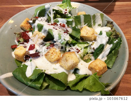 Organic Salad Bacon Toast on Plate. for Health Concept. 103867612