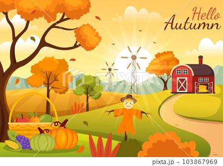 Autumn Vector Illustration Panoramic of Mountains and Maple Trees Fallen with Yellow Foliage in Flat Cartoon Hand Drawn Landing Page Templates 103867969