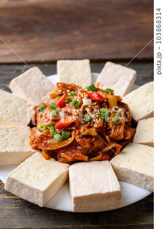 Korean food, Tofu and stir fried kimchi with pork (Dubu Kimchi) 103868314