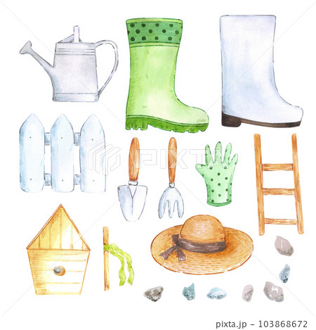 Hand drawn watercolor set of garden tools, watering can, wellington boots isolated on white background. Scrapbook, label, postcard, pattern. 103868672