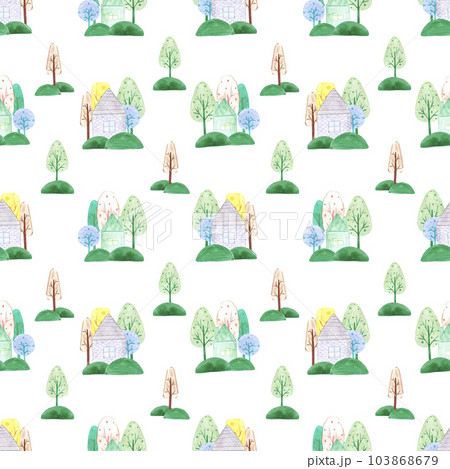 Hand drawn watercolor abstract trees and houses seamless pattern isolated on white background. Can be used for children textile, wrapping paper, fabric. 103868679