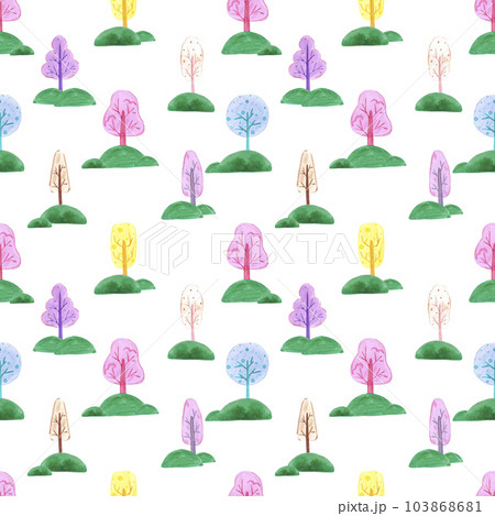 Hand drawn watercolor abstract trees seamless pattern isolated on white background. Can be used for children textile, wrapping paper, fabric. 103868681