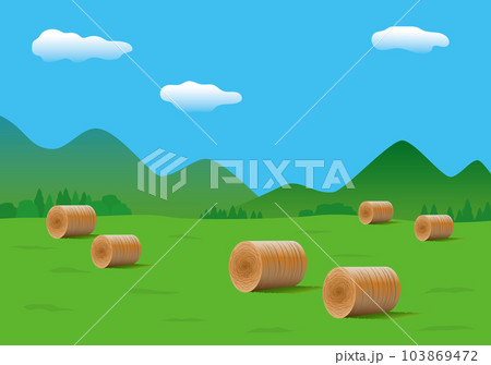 牧草ロール、大地、山脈、空 103869472