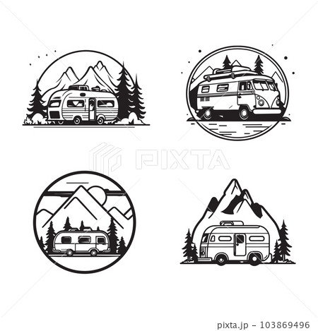 Hand Drawn vintage camping van logo in flat line art style 103869496