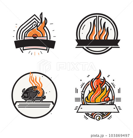 Hand Drawn vintage fire with barbecue logo in flat line art style Hand Drawn vintage fire with barbecue logo in flat line art style 103869497