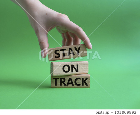 Stay on track symbol. Wooden blocks with words Stay on track. Beautiful green background. Businessman hand. Business and Stay on track concept. Copy space. 103869992