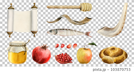 Watercolor Rosh Hashanah illustration set, Shana Tova collection for Jewish New year isolated on white background. Honey, Torah scroll, round challah, shofar, pomegranate fruits and fish 103870753