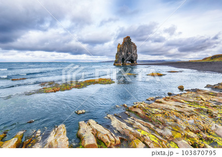 Breathtaking view of Hvitserkur unique basalt rock in Iceland. Breathtaking view of Hvitserkur unique basalt rock in Iceland. 103870795