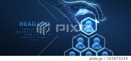 HR manage. Abstract 3d human hand hold leader icon in hexagon on top of people pyramid. Manage human resurse, team leader, recruitment process, change personnel 103873234