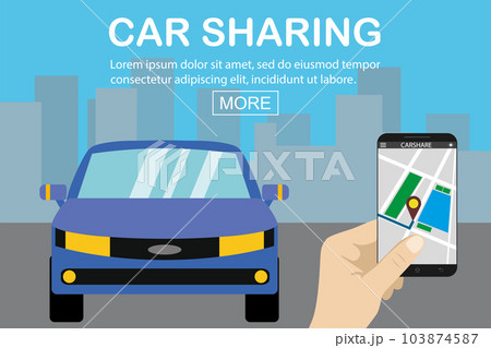 car sharing concept,blue car and hand holding smartphone with ca 103874587
