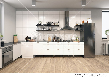 Apartment interior with kitchen. 103874828