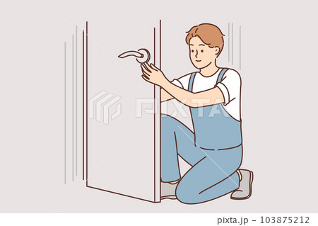 Man repairs door by changing lock to prevent criminals from entering apartment or home Man repairs door by changing lock to prevent criminals from entering apartment or home 103875212