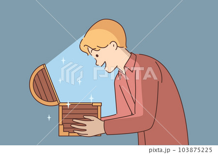 Man with open chest filled with treasures or jewels for concept of lucky find and luck Man with open chest filled with treasures or jewels for concept of lucky find and luck 103875225