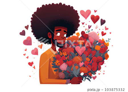 sticker cartoon style man in love with bouquet isolated on white background . Cartoons flat vector illustration 103875332