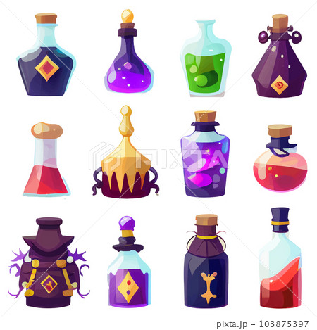 vector set illustration in cartoon style of alchemist bottles with elixir 103875397
