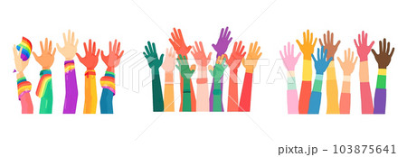 set vector illustration of colorful hands raised up on pride parade isolate on white 103875641