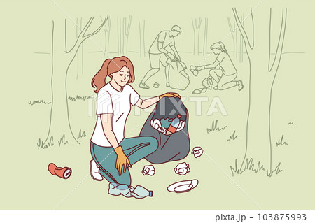 Woman volunteer collects garbage in bag, cleaning park from plastic non-degradable waste 103875993