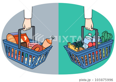 Shopping baskets with healthy and unhealthy products 103875996