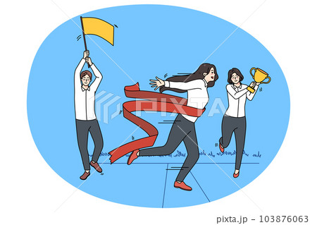 Motivated female employee cross finish line Motivated female employee cross finish line 103876063