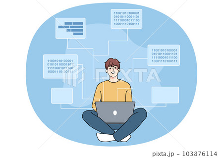Smiling software engineer writing codes on computer Smiling software engineer writing codes on computer 103876114