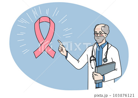 Male doctor point at pink ribbon 103876121