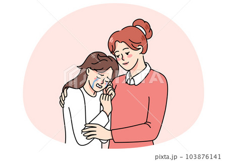Loving mom hug comfort crying teen daughter 103876141