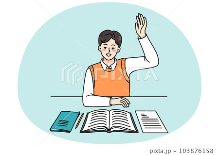 Smart active schoolboy raise hand 103876158