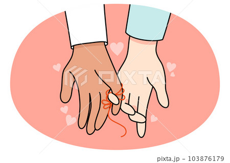 Multiracial couple hands linked with thread Multiracial couple hands linked with thread 103876179