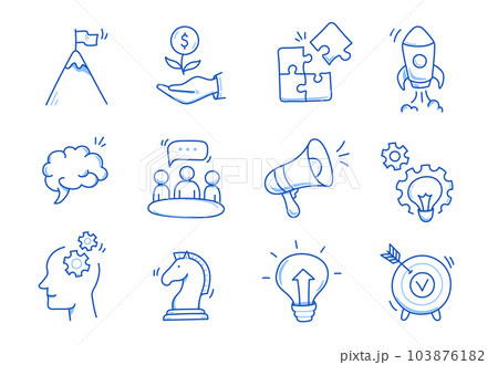 Business idea, startup doodle line icon set. Hand drawn doodle sketch line style business strategy, finance goal concept. Rocket, target, brain cute element. Vector 103876182
