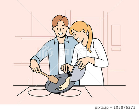 Married couple prepares breakfast enjoying sunday morning standing at kitchen own apartment 103876273