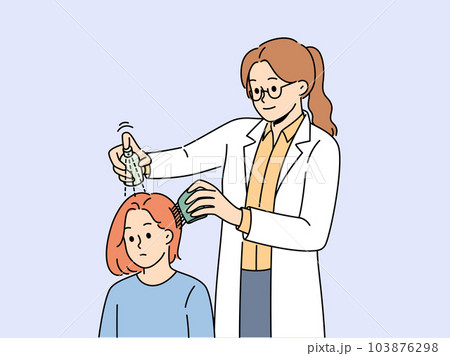 Girl with lice in hair at doctors appointment using spray and comb to treat and fight nits Girl with lice in hair at doctors appointment using spray and comb to treat and fight nits 103876298