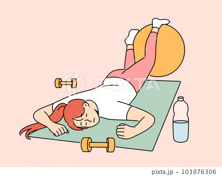Exhausted woman in fitness room fell asleep on sports yoga mat and needs to rest after workout Exhausted woman in fitness room fell asleep on sports yoga mat and needs to rest after workout 103876306