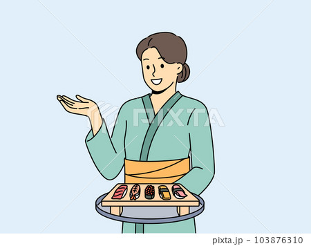 Woman sushi master with maki appetizer on wooden tray dressed in traditional asian kimono Woman sushi master with maki appetizer on wooden tray dressed in traditional asian kimono 103876310