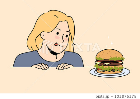 Excited child look at delicious burger on table  103876378