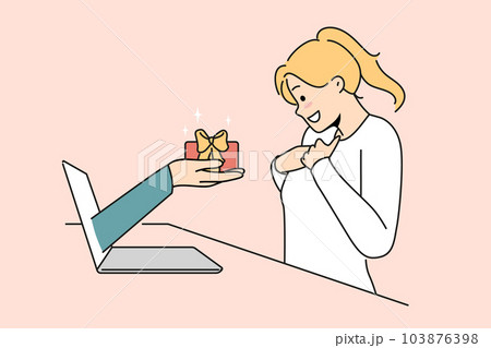 Smiling woman excited with online present  103876398