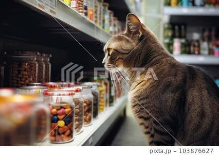 Cute cat in a pet store looking and choosing its own food. Generative AI 103876627