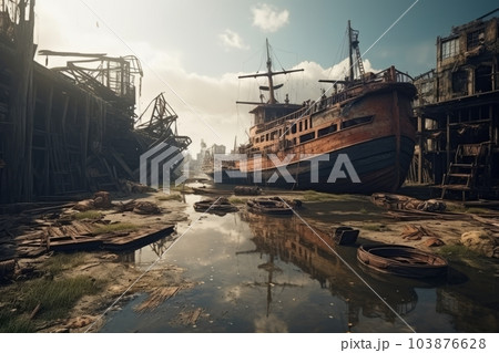 Post-apocalyptic city with abandoned seaport and ships. Generative AI 103876628