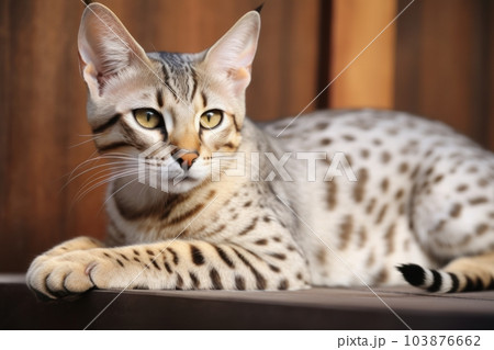 Portrait of a cute cat looking away. Savannah cat breed. Generative AI 103876662