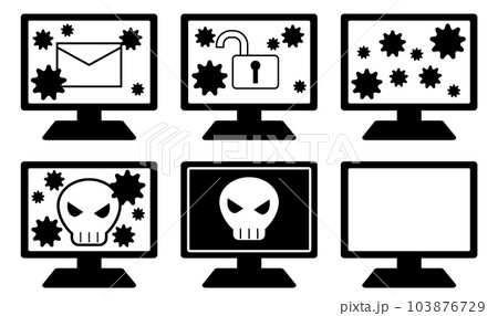 パソコンがウイルスに感染したりハッキングされるイメージのイラスト素材セット 103876729