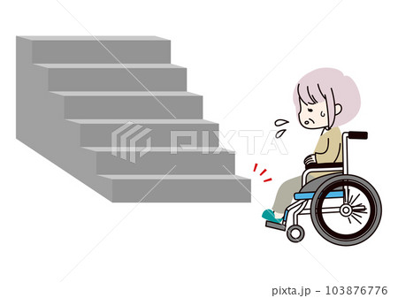 階段が登れない車椅子のシニア女性 103876776