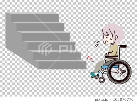 階段が登れない車椅子のシニア女性 103876776