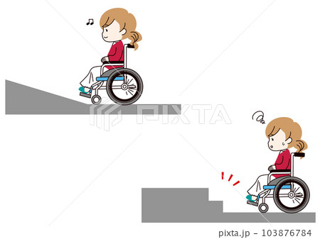 車椅子の女性と段差とスロープ 103876784