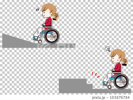 車椅子の女性と段差とスロープ 103876784