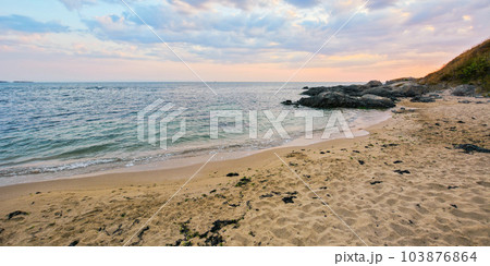 shore with sand and boulders at dawn. wave washing the coast. summer recreation background on a cloudy morning shore with sand and boulders at dawn. wave washing the coast. summer recreation background on a cloudy morning 103876864