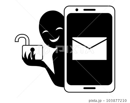 メールアイコンのスマホと開いた鍵を手にした悪人のフィッシング詐欺のイメージのイラスト素材 103877210