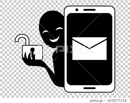 メールアイコンのスマホと開いた鍵を手にした悪人のフィッシング詐欺のイメージのイラスト素材 103877210